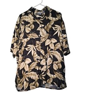 Corsini Black and Tan Leaf Print Hawaiian Casual Aloha Shirt XL EUC